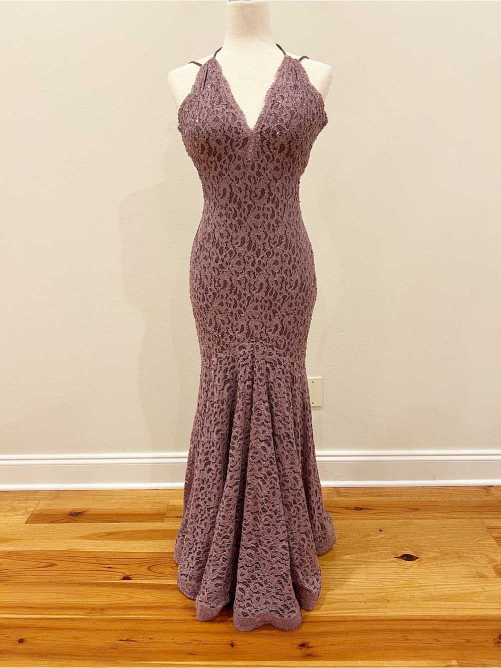 Jovani Dress Womens 2 Lace Beaded Maxi Mermaid Halter Formal Prom Homecoming